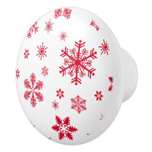 Snowflake Pattern, Red Snowflakes, Snow, White Ceramic Knob