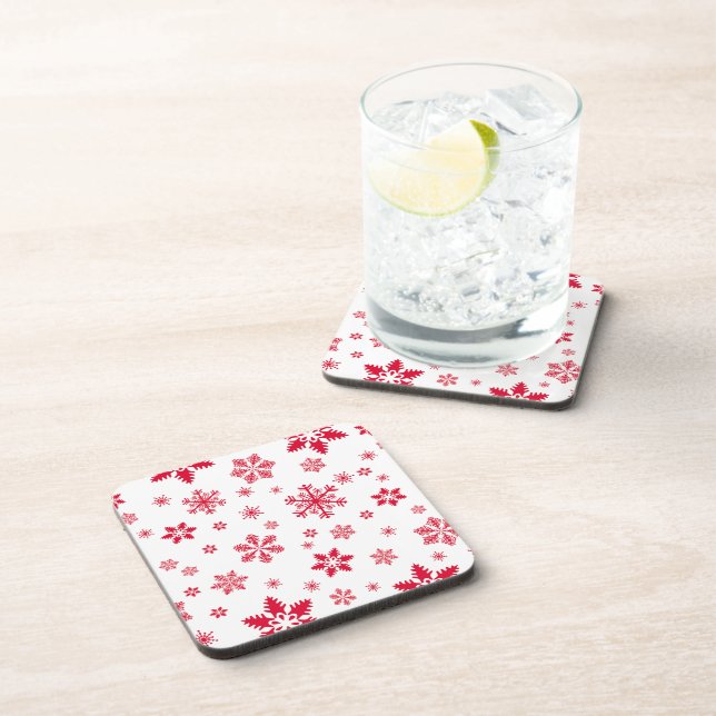 Snowflake Pattern, Red Snowflakes, Snow, White Coaster (Right Side)