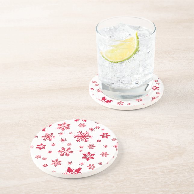 Snowflake Pattern, Red Snowflakes, Snow, White Coaster (Side)