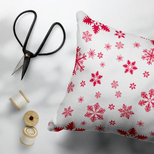 Snowflake Pattern, Red Snowflakes, Snow, White Decorative Cushion