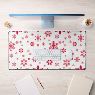 Snowflake Pattern, Red Snowflakes, Snow, White Desk Mat