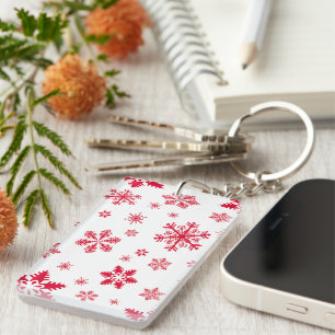 Snowflake Pattern, Red Snowflakes, Snow, White Key Ring