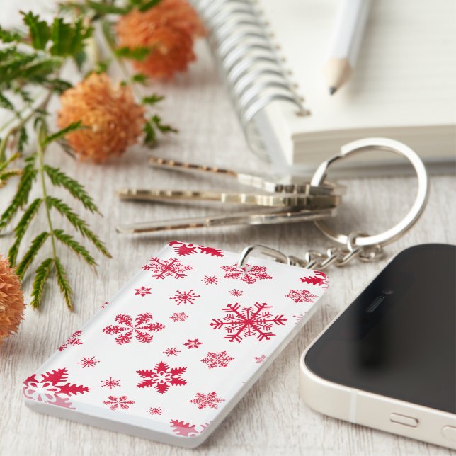 Snowflake Pattern, Red Snowflakes, Snow, White Key Ring (Front Right)
