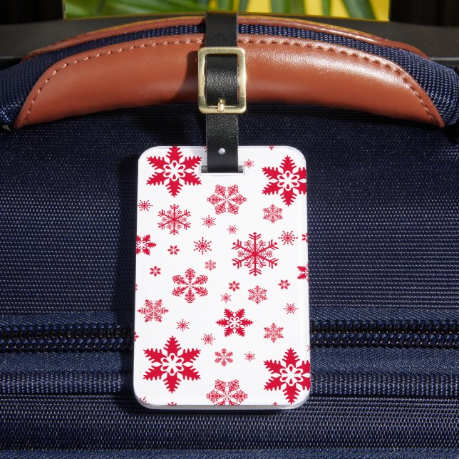 Snowflake Pattern, Red Snowflakes, Snow, White Luggage Tag (Front Insitu 2)