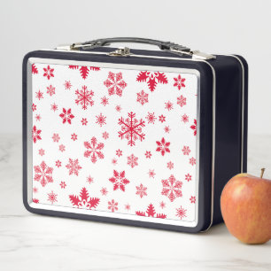 Snowflake Pattern, Red Snowflakes, Snow, White Metal Lunch Box