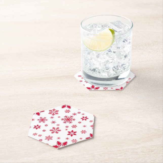 Snowflake Pattern, Red Snowflakes, Snow, White Paper Coaster (Insitu)
