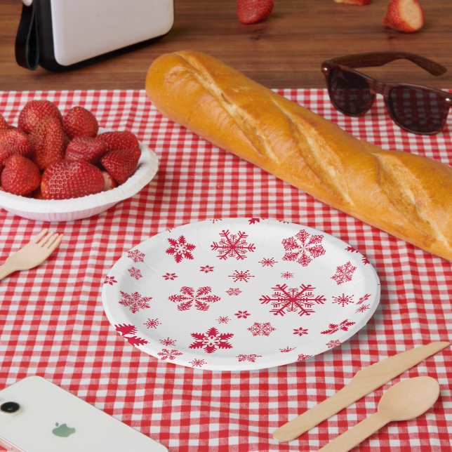 Snowflake Pattern, Red Snowflakes, Snow, White Paper Plate (Picnic)