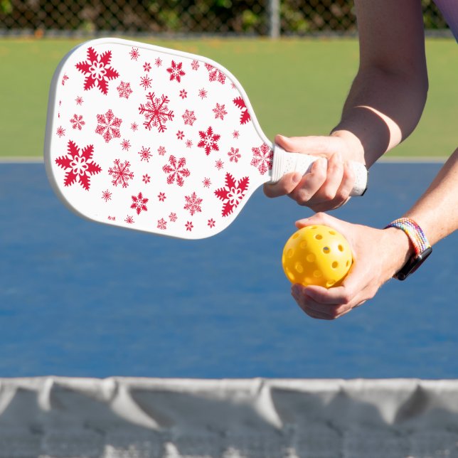 Snowflake Pattern, Red Snowflakes, Snow, White Pickleball Paddle (Insitu)