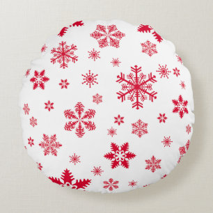Snowflake Pattern, Red Snowflakes, Snow, White Round Cushion