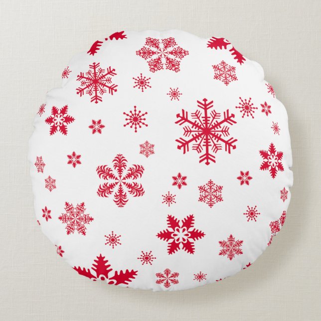 Snowflake Pattern, Red Snowflakes, Snow, White Round Cushion (Front)