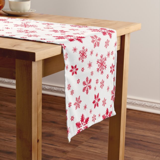 Snowflake Pattern, Red Snowflakes, Snow, White Short Table Runner (In Situ)