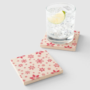 Snowflake Pattern, Red Snowflakes, Snow, White Stone Coaster