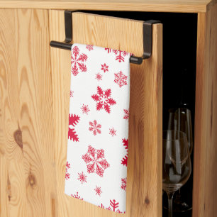 Snowflake Pattern, Red Snowflakes, Snow, White Tea Towel