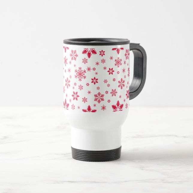 Snowflake Pattern, Red Snowflakes, Snow, White Travel Mug (Front Right)