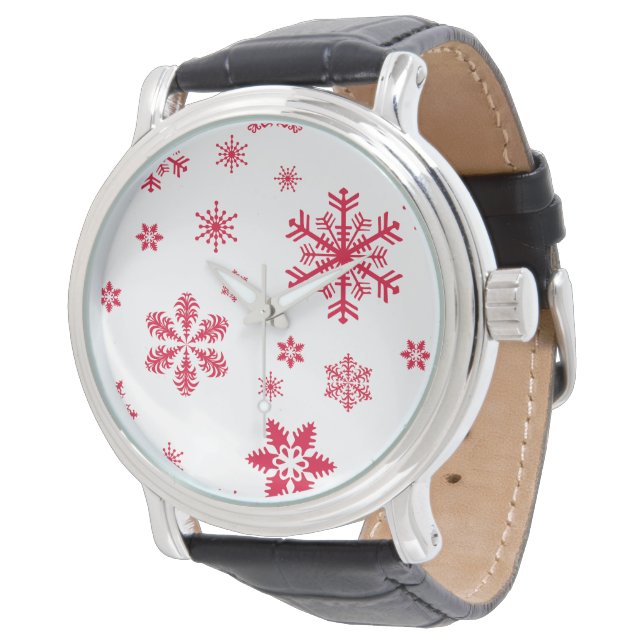 Snowflake Pattern, Red Snowflakes, Snow, White Watch (Angled)
