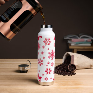 Snowflake Pattern, Red Snowflakes, Snow, White Water Bottle