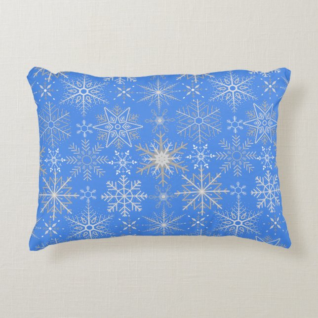 Snowflake pattern White. Light Blue BG Decorative Cushion (Front)