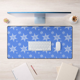 Snowflake Pattern, White Snowflakes, Snow, Blue Desk Mat