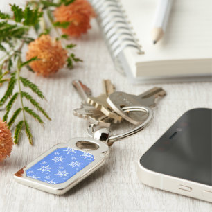 Snowflake Pattern, White Snowflakes, Snow, Blue Key Ring