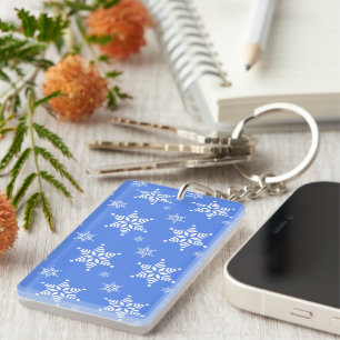 Snowflake Pattern, White Snowflakes, Snow, Blue Key Ring