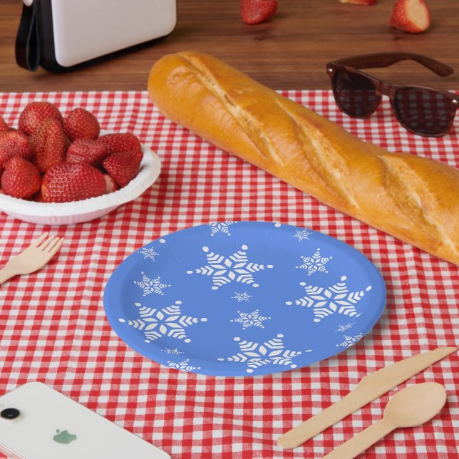 Snowflake Pattern, White Snowflakes, Snow, Blue Paper Plate (Picnic)