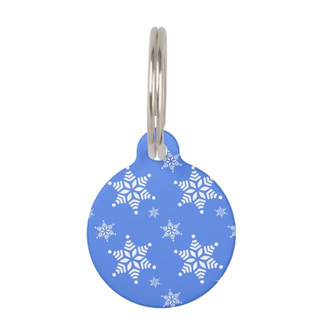 Snowflake Pattern, White Snowflakes, Snow, Blue Pet Tag (Front)