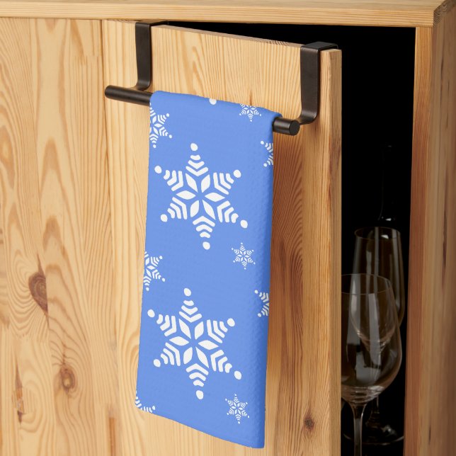 Snowflake Pattern, White Snowflakes, Snow, Blue Tea Towel (Thirds Fold)