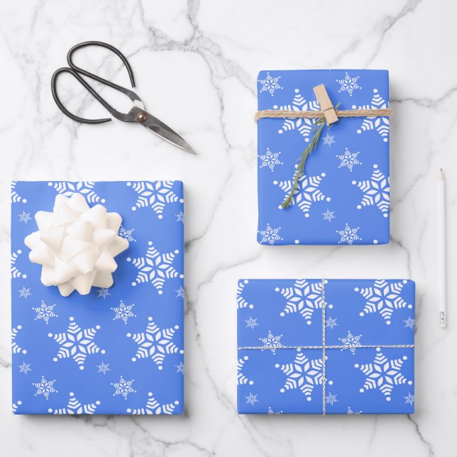 Snowflake Pattern, White Snowflakes, Snow, Blue Wrapping Paper Sheet (Front)