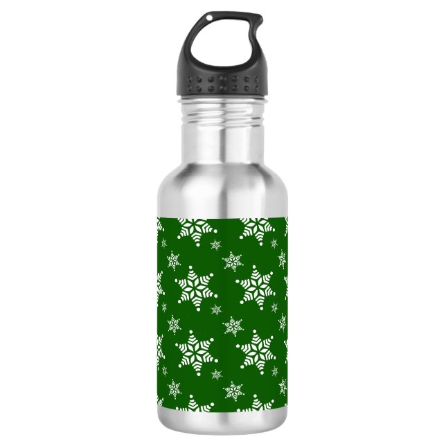 Snowflake Pattern, White Snowflakes, Snow, Green 532 Ml Water Bottle (Front)