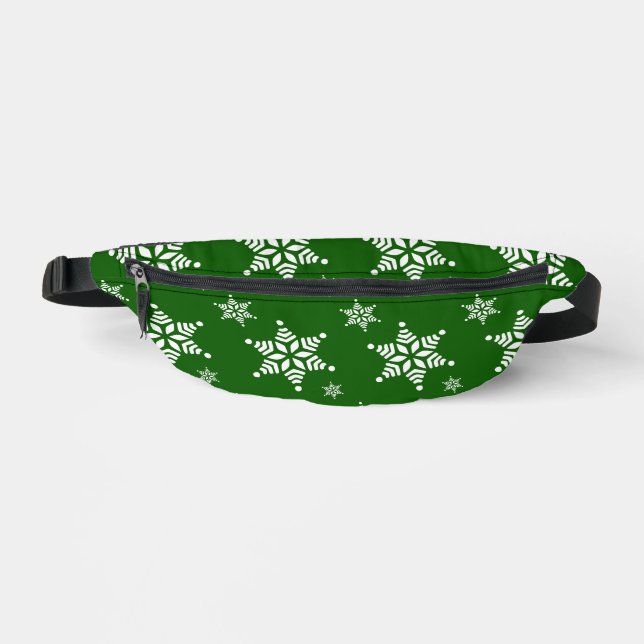 Snowflake Pattern, White Snowflakes, Snow, Green Bum Bags (Front)