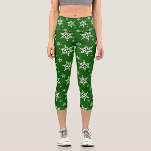 Snowflake Pattern, White Snowflakes, Snow, Green Capri Leggings
