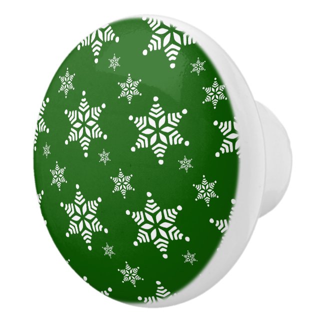 Snowflake Pattern, White Snowflakes, Snow, Green Ceramic Knob (Right)