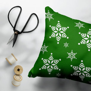 Snowflake Pattern, White Snowflakes, Snow, Green Decorative Cushion
