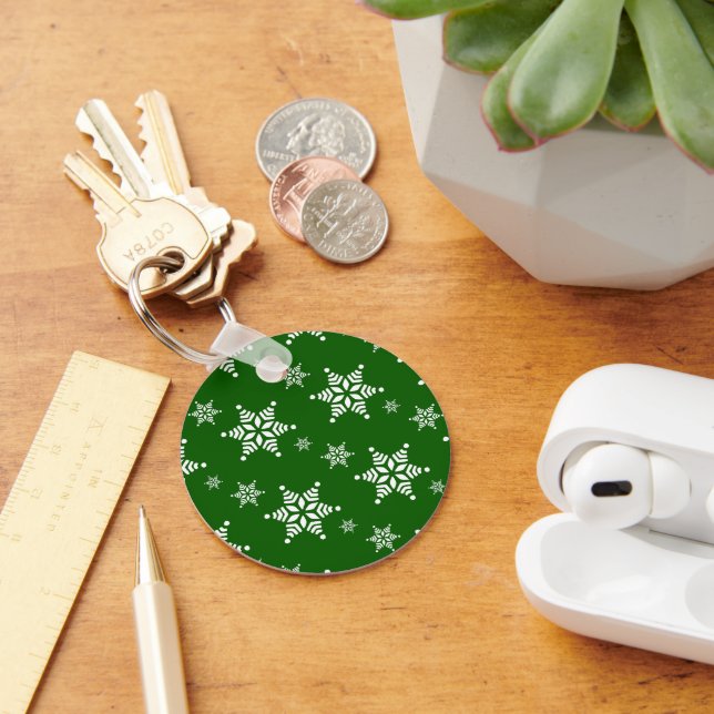 Snowflake Pattern, White Snowflakes, Snow, Green Key Ring (Desk)