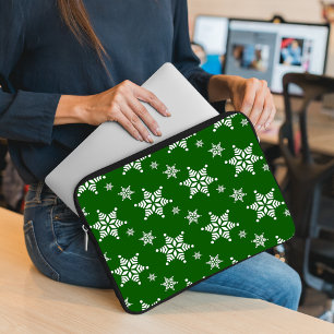 Snowflake Pattern, White Snowflakes, Snow, Green Laptop Sleeve
