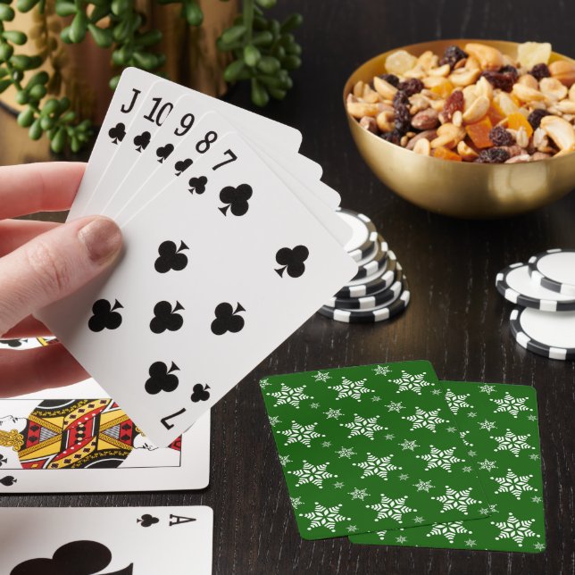 Snowflake Pattern, White Snowflakes, Snow, Green Playing Cards (In Situ)