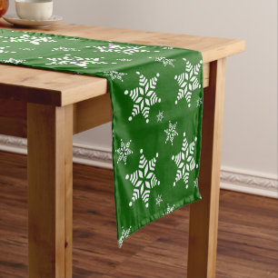 Snowflake Pattern, White Snowflakes, Snow, Green Short Table Runner