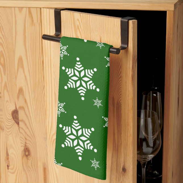 Snowflake Pattern, White Snowflakes, Snow, Green Tea Towel (Thirds Fold)
