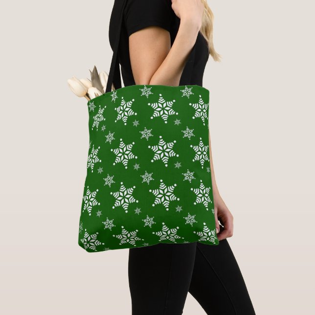 Snowflake Pattern, White Snowflakes, Snow, Green Tote Bag (Close Up)