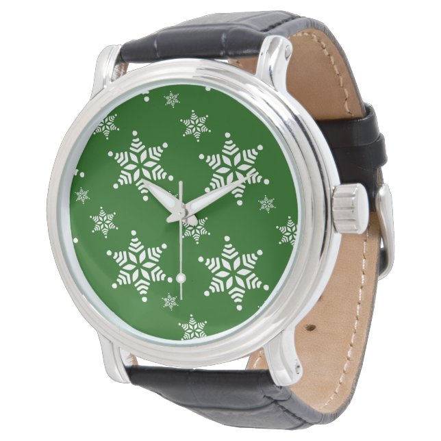 Snowflake Pattern, White Snowflakes, Snow, Green Watch (Angled)