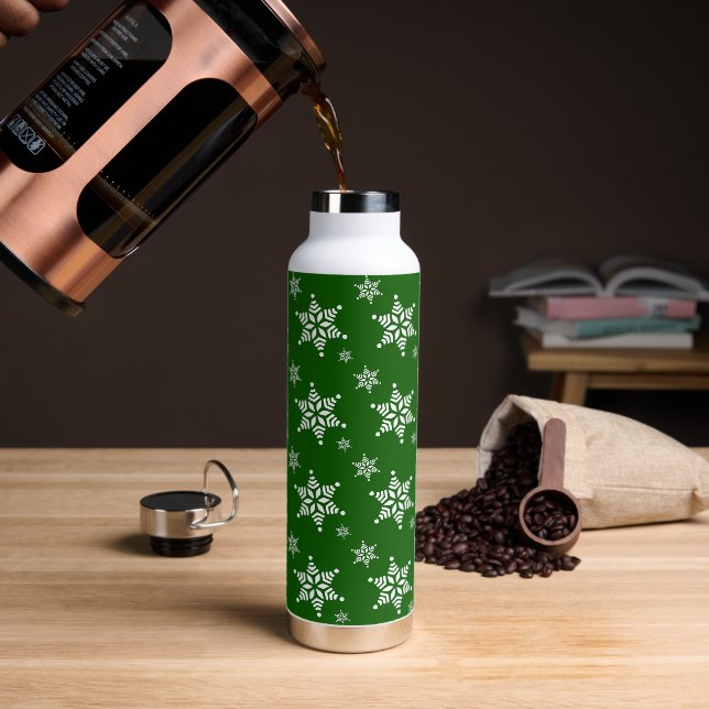 Snowflake Pattern, White Snowflakes, Snow, Green Water Bottle (Coffee)