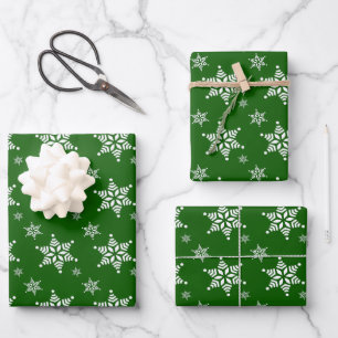 Snowflake Pattern, White Snowflakes, Snow, Green Wrapping Paper Sheet
