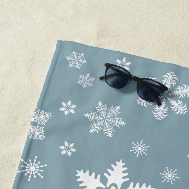 Snowflake Pattern, White Snowflakes, Snow, Grey Beach Towel (In Situ)