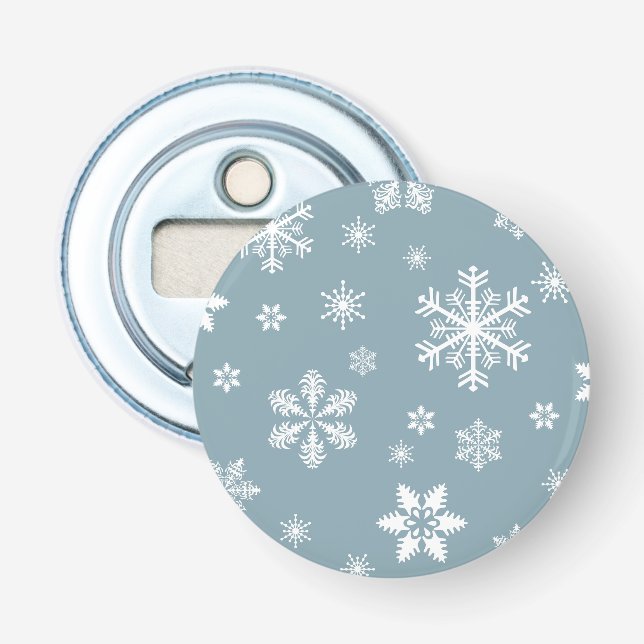 Snowflake Pattern, White Snowflakes, Snow, Grey Bottle Opener (Front)
