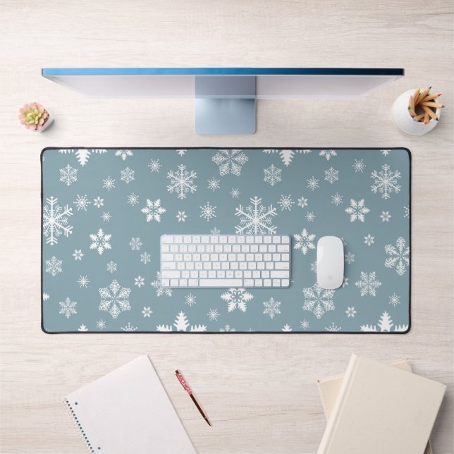 Snowflake Pattern, White Snowflakes, Snow, Grey Desk Mat (Office 1)