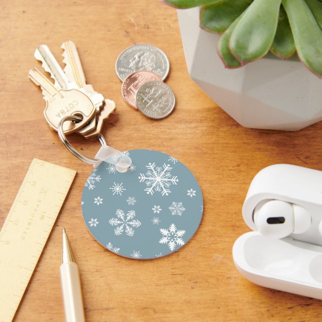 Snowflake Pattern, White Snowflakes, Snow, Grey Key Ring (Desk)