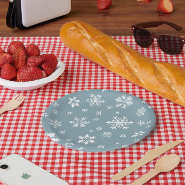 Snowflake Pattern, White Snowflakes, Snow, Grey Paper Plate (Picnic)