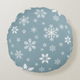 Snowflake Pattern, White Snowflakes, Snow, Grey Round Cushion