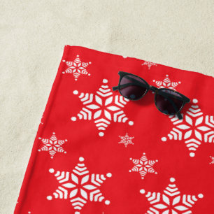 Snowflake Pattern, White Snowflakes, Snow, Red Beach Towel
