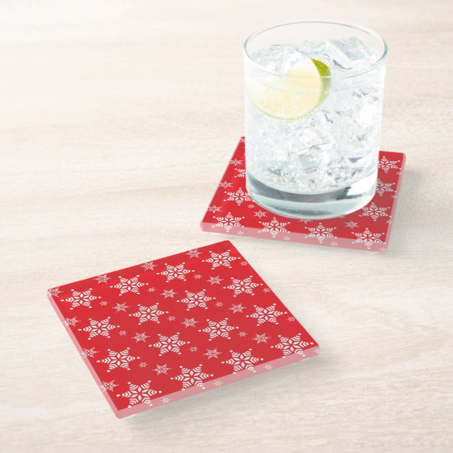 Snowflake Pattern, White Snowflakes, Snow, Red Glass Coaster (Angled)